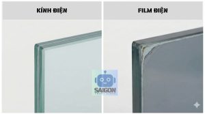 So sánh mép kính. Mép kính đúc (trái) được bảo vệ hoàn toàn, trong khi mép phim dán (phải) dễ bị bong tróc và bám bẩn theo thời gian.