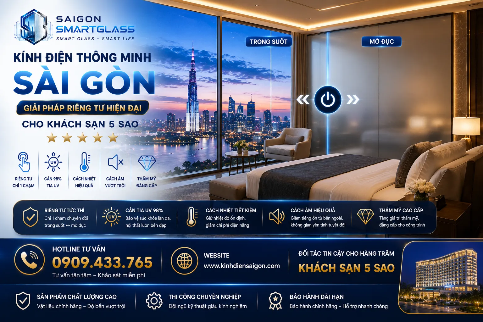 Kính điện thông minh cho khách sạn 5 sao sang trọng